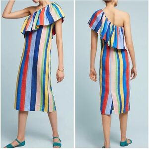 Mara Hoffman Ray Rainbow Stripe One-Shoulder Linen Midi Dress